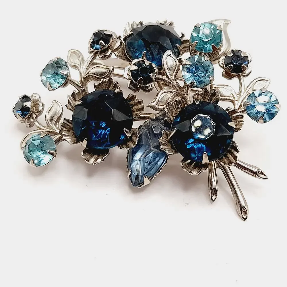 Vintage 1950s Blue Rhinestone Floral Brooch Silver Tone Mid Century